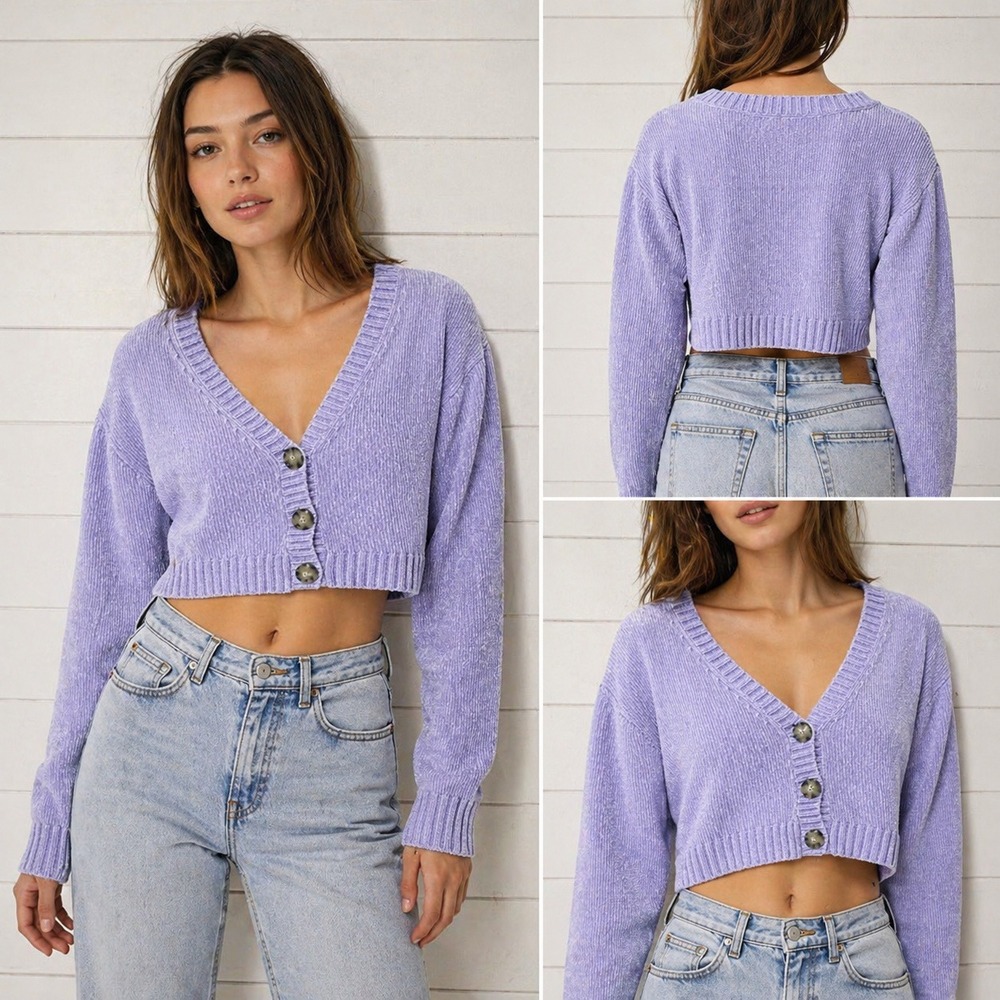 Urban Outfitters Purple Chenille Cropped Cardigan Sweater Large V-Neck Button Up
